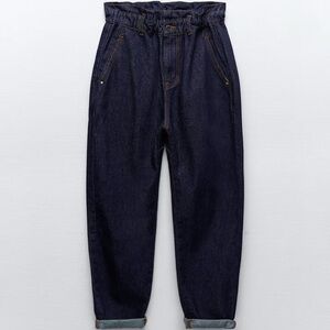 Zara Slouchy Baggy Paperbag Waist Jeans Blue High Rise Cropped Denim Size 10